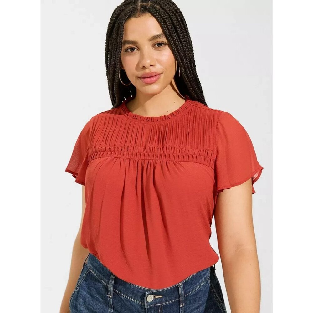 Torrid Chiffon Smocked Pintuck Flutter Short Sleeve Blouse Red Terracotta 3 (3X)